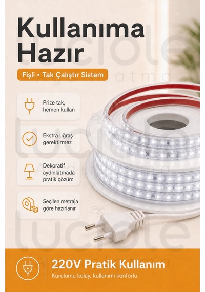 9 Metre 220v Beyaz Şerit Led Hazır Fişli Tak Çalıştır Silikonlu Yapışkanlı