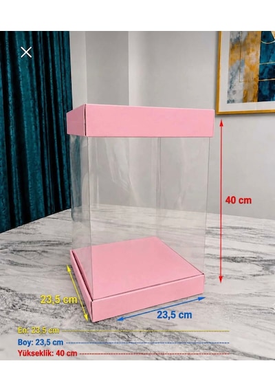 Asetat Gelin Çeyiz Bohça Kutusu Toz Pembe Şeffaf Katlanabilir Demonte Büyük Boy 23,5 23,5 40cm 1adet