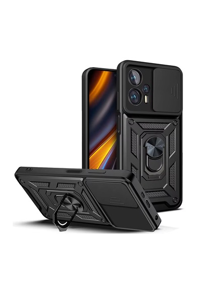 Microcase Xiaomi Redmi Poco X4 Gt Qubec Serisi Kamera Kapaklı Yüzük Standlı Kılıf-al5117 Siyah