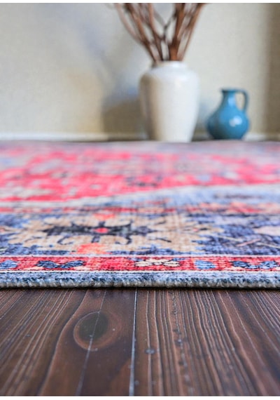 Kırmızı Mavi Oryantal Kilim Vintage Desenli, Kaymaz Taban, Yıkanabilir, Antialerjik Mavi Mavi