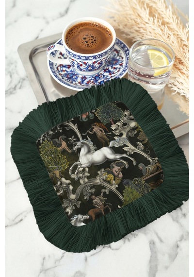 Mitolojik Unicorn Avı Saçaklı Sunum Peçetesi - Efsanevi Gotik Tema Koyu Yeşil Bardak Altlığı Mendil Soft Yağmur Mint