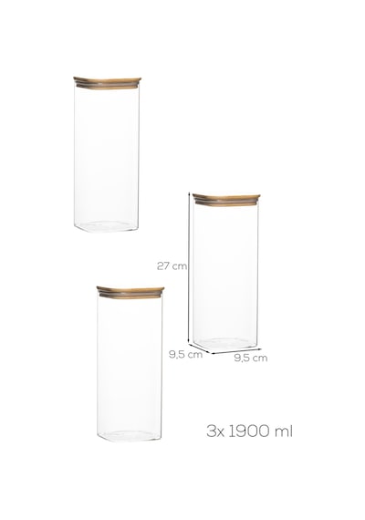Porsima 7-3 Bambu Vakumlu Kapaklı Kare Borsilikat Cam 3lü Kavanoz Seti Saklama Kabı 1900ml 9,5x27cm Ahşap - Şeffaf