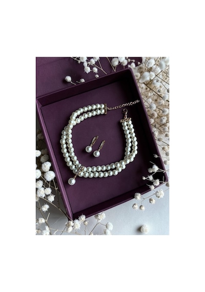 Zirkon Taşlı Tasma Choker İnci Kolye Ve İnci Küpe Seti Düğün Nikah Kına Beyaz