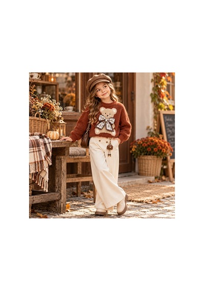 Ministok Browny Bear Kız Çocuk Çarm Detaylı Pantolon Kazak 2'li Takım Turuncu