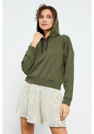 Tommy Life Haki Uzun Kol Rahat Form Kapüşonlu Kadın Sweatshirt - 97115 Haki