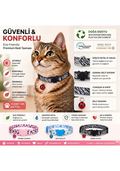 Desenli Kedi Boyun Tasması Geri Dönüştürülmüş İplik, Güvenli Kilit Sistemli, Konforlu Kullanım, Zebra Siyah