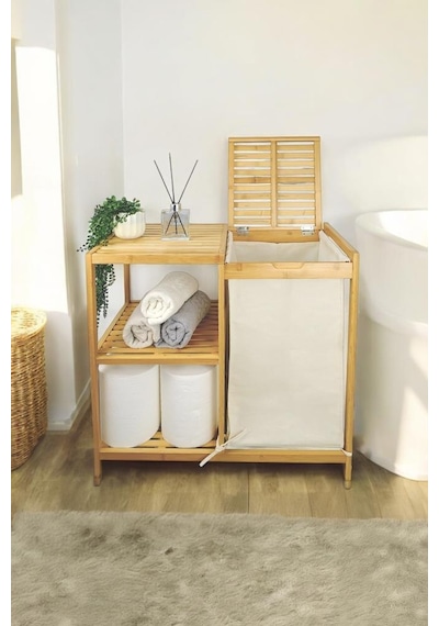 Digithome Bambu 3 Raflı Kumaş Sepetli Banyo Düzenleyici Kirli Çamaşır Sepeti D/8 Jw-22750 Naturel