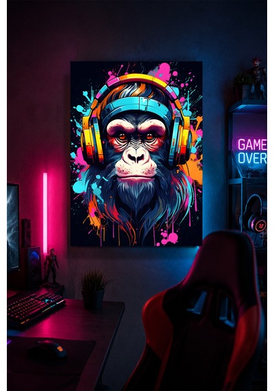 Gaming Goril Metal Duvar Tablosu Kulaklıklı Gamer Oda Dekoru Renkli Tasarım 30x40 Cm A3 Boyutunda