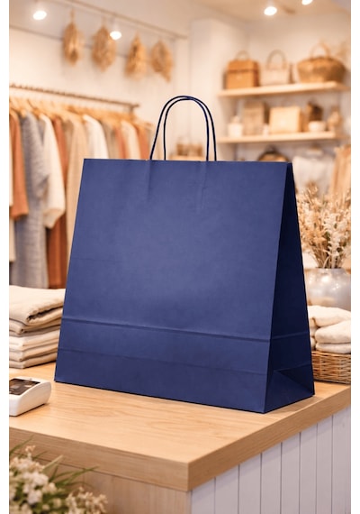 Elit Burgu Saplı Kraft Çanta Mavi Fsc Sertifikalı Kağıt Poşet Butik Hediye Torbası 36x12x41 Cm 50li