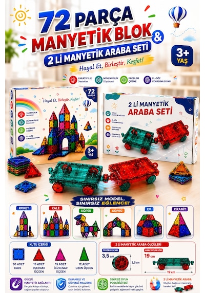 72 Parça Manyetik Yapı Blokları Ve 2'li Manyetik Araba Seti Eğitici Yapı Ve Tasarım Oyuncağı