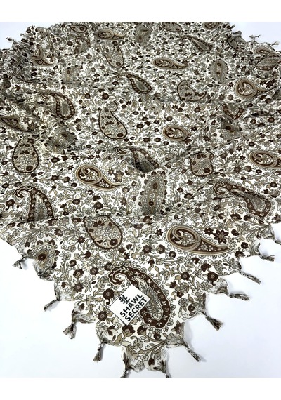 Shawl Secret Sökme Boncuklu Pamuk Yazma - 05868 Krem-Kahve