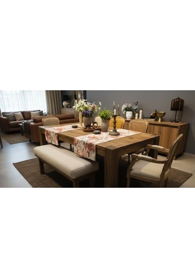 Jakarlı Dokuma Dekoratif Runner 45x140 Cm Kiremit Renkli Çiçekli Desenli Açık Bej