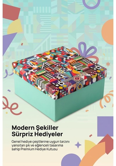 Hediye Kutusu, Modern Şekiller Canlı Geometrik Tasarım, Premium Karton Hediye Kutusu, 26x26x13 Cm Cok Renkli