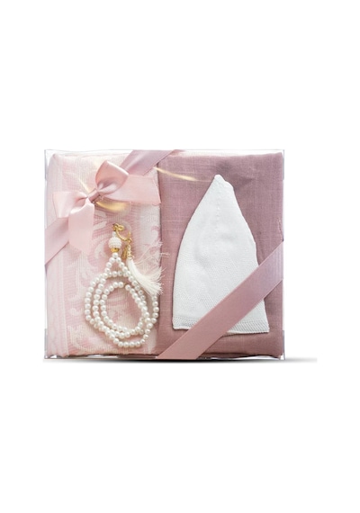 Seccade + Eşarp + Takke + Tesbih  Seti Asetat Kutulu, Pembe Pembe 65 x 110 CM