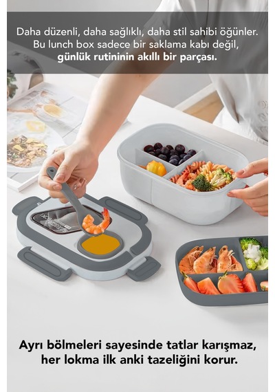Bondie Kilitli Kapak Yemek Kabı - 2 Katlı Bölmeli Kaşık Ve Sosluklu Lunch Box Beslenme Kutusu Gri