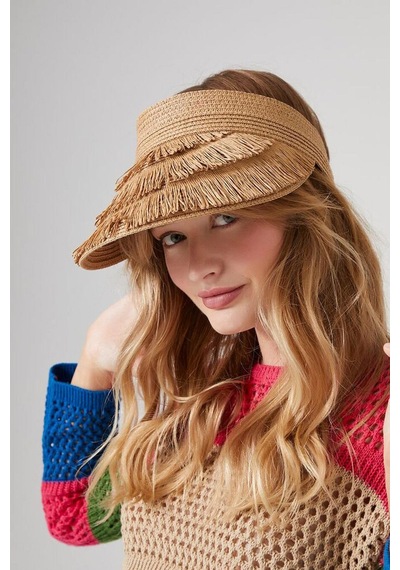 Kadın Hasır Saçaklı Boho Vizör Şapka Camel Ss24 - Camel