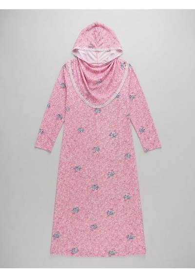 Pembe Dantel Detaylı Kapüşonlu Ve Eşarplı Namaz Elbisesi S