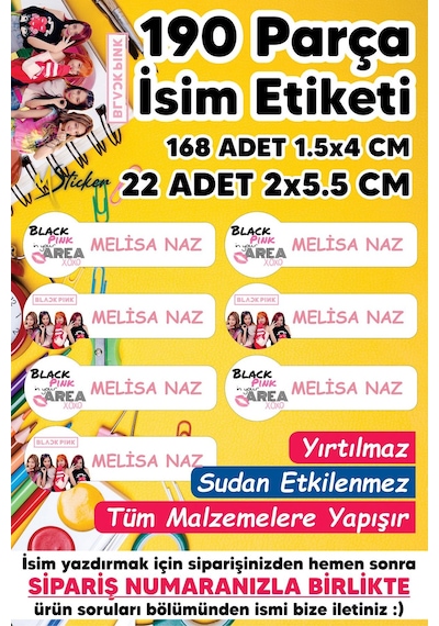 Okul Etiketi Kalem Defter Etiketi Black Pink Temalı Isim Yazılabilen Etiket - 190 Adet