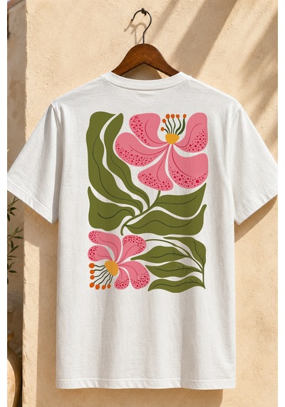 Spoyi Pembe Botanik Tasarımlı %100 Pamuk Yarım Oversize Beyaz T-shirt