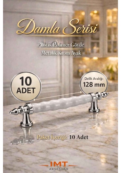 Damla Lüks Polimer Mobilya Kulpu 128 Mm Beyaz-krom 10 Adet Mutfak Dolabı Çekmece Vestiyer Kulpu Gümüş