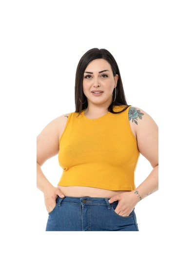 Disentis Büyük Beden Bisiklet Yaka Kolsuz Crop Viskon Hardal Body-hardal Hardal