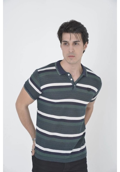 Erkek Polo Yaka Tişört Slim Fit Dokuma Çizgili Kısa Kol T-shirt - Haki