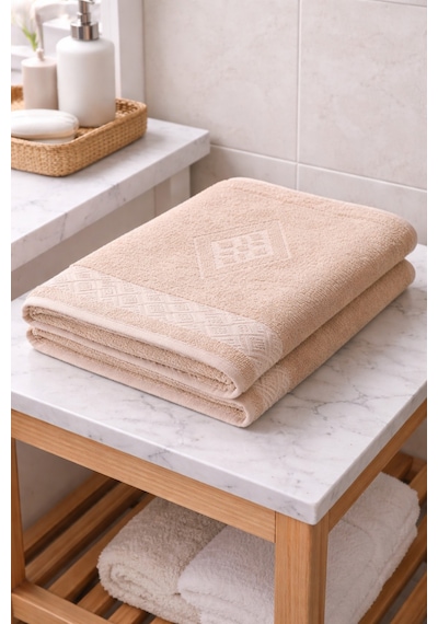 Eponj %100 Pamuk 70x140 Jakarlı Banyo Havlusu 450 Gr Kendinden Desenli Bej