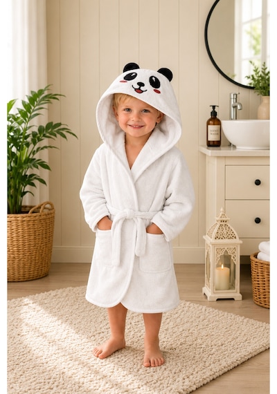 Panda Kapüşonlu Çocuk Bornozu Unisex Bebek Ve Çocuk Banyo Bornozu, Yumuşak Dokulu, 1-10 Yaş 1-2 Yaş