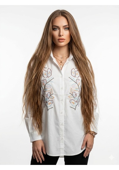Ribana Classic Kadın Önü Nakışlı Yazlık Dokuma Kumaş Boyfriend Gömlek 4713 Ekru
