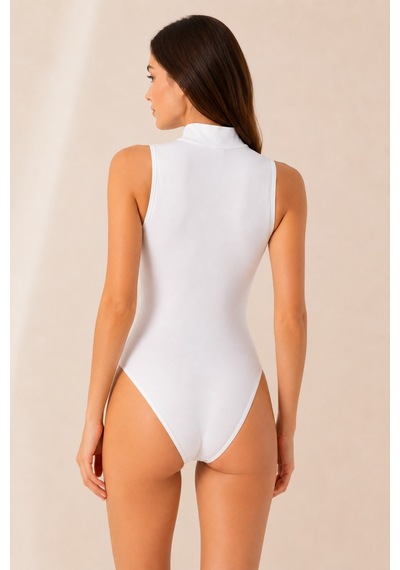 Loule Kadın Beyaz %95 Pamuklu Dik Yaka Kolsuz Alttan Kancalı Body