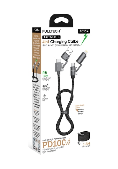 Fulltech Fc154 4 Ü 1 Arada Şarj Kablosu Pd 100w Type-c & Lightning Hızlı Şarj Kablo A+c To C+l, 1.2