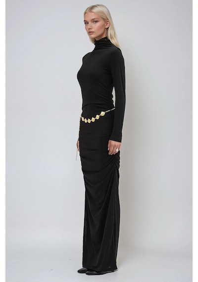 Lijuri Gold Kemerli Ve Drape Detaylı Uzun Elbise 2953 Siyah