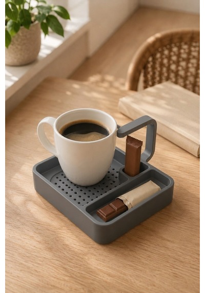 Kahve Sunum Tepsisi Çok Bölmeli Masa Üstü Organizer Kupa Fincan Standı Pla 12.5x11x7 Cm Gri