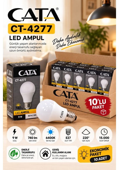 Ct-4277 9w E27 Led Ampul 6400k Beyaz Işık 740 Lümen 10 Lu Ekonomik Paket