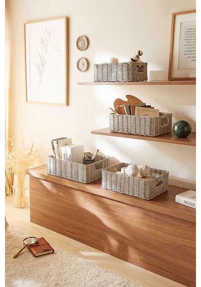 Ocean Home Textile Yıkanabilir Gri Pp Rattan Sepet 36 X 26 X 12 Cm