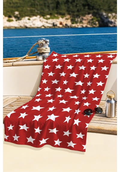 Yıldız Desenli Kırmızı Beyaz Plaj Havlusu - Modern Geometrik Marine Stil Hızlı Kuruyan Havlu Örtü Kül Şeftali