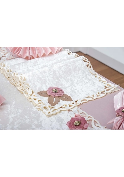 Afife Kadife Krem Pudra Sofra Takımı 8 Kişilik 160x230 Cm 34 Parça -1426 Çok Renkli
