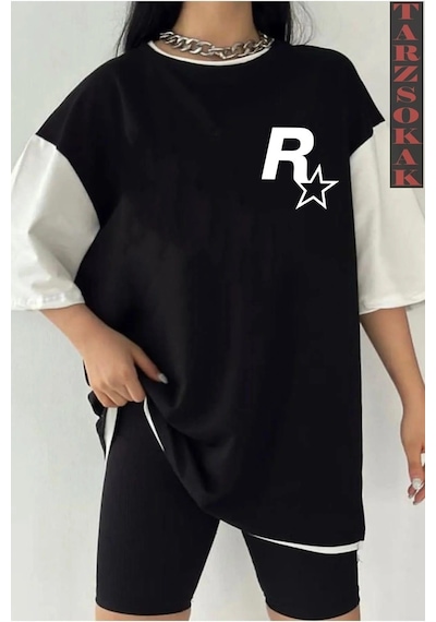 Startmore Siyah Oversize Çift Renk Rocksstar Baskılı Unisex Tshirt Beyaz