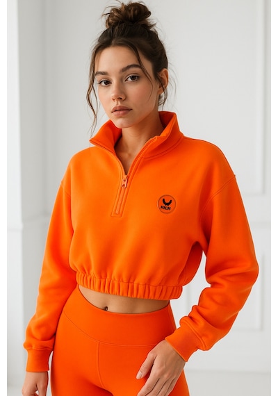 Kadın Oranj Yarım Fermuarlı Beli Lastikli Crop Sweatshirt Turuncu