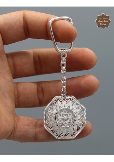 Çiçek Desenli Sekizgen Model 925 Ayar Gümüş Telkari Anahtarlık 201025148 Gümüş