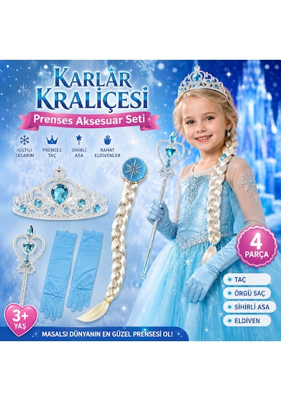 Karlar Kraliçesi Prenses Aksesuar Seti Taç Örgü Saç Sihirli Asa Ve Eldiven Çocuk Kostüm Tamamlama Seti