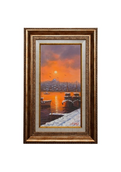 Ay Işığında İstanbul Boğazı Kayıkları Yağlı Boya Tablo