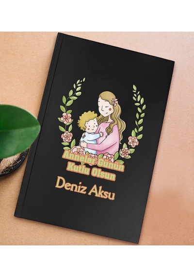 Bk Gift Kişiye Özel İsimli Dtf Anneler Günü Tasarımlı Siyah Sert Kapaklı Defter-2, Anneye Hediye Kobitmeyencom30659 Bk Gift