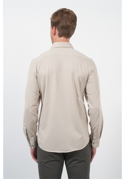 İmza Bej Tulum Yaka Uzun Kol Cepsiz Örme Slim Fit Pamuklu Gömlek 1004260208 Koyu Bej