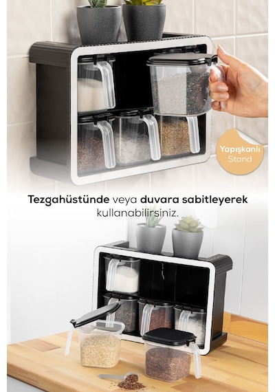 Vienev 6lı 500 Ml Standlı Kendinden Yapışkanlı Kaşıklı Baharatlık Seti Antrasit