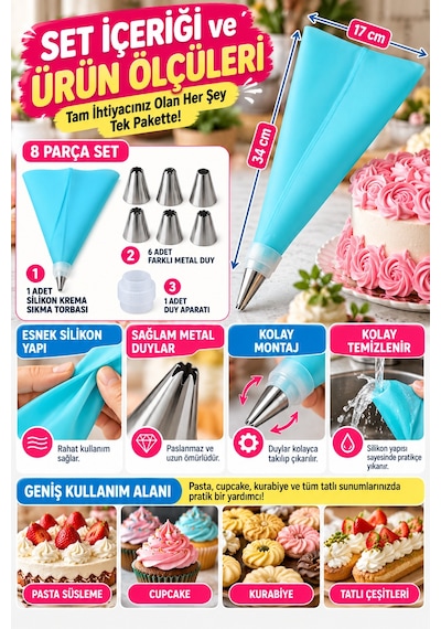 8 Parça Silikon Krema Sıkma Torbası Seti 6 Metal Duy Başlıklı Pasta Kek Cupcake Süsleme Aparatı Seti Çok Renkli