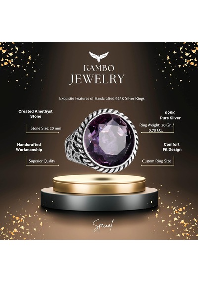 925 Ayar Gümüş Erkek Yüzük - El Yapımı Amethyst Yapay Taş Yüzük - Modern Tasarım Gümüş