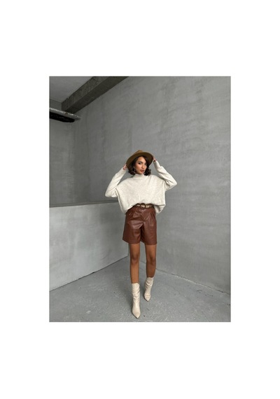 Verymoda Kemerli Deri Şort F1497 Taba