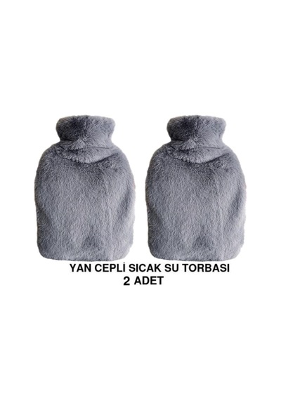 2 Adet Sıcak Su Torbası Yan Cepli Gri Peluş Termofor 27x17x2cm 1 Litre Koyu Gri