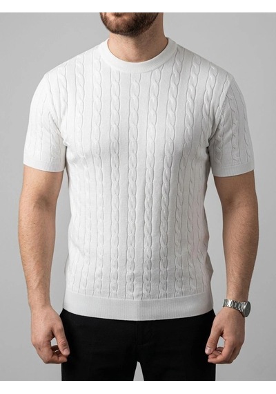 Erkek Yazlık Triko Dokuma Tişört Kısa Kol Bisiklet Yaka Örgü Desenli T-shirt - Beyaz